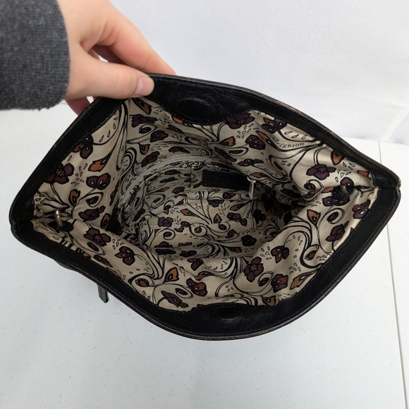 Vtg Brighton Purse Leather Black Embossed Croc Trim Shoulder Bag Fold Over - Picture 10 of 12